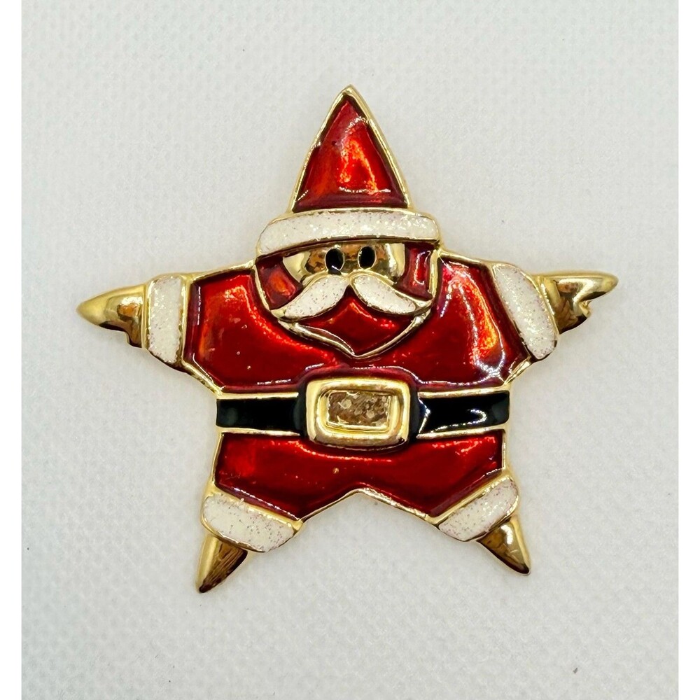 Vintage Enamel Christmas Santa Claus Star Brooch Pin